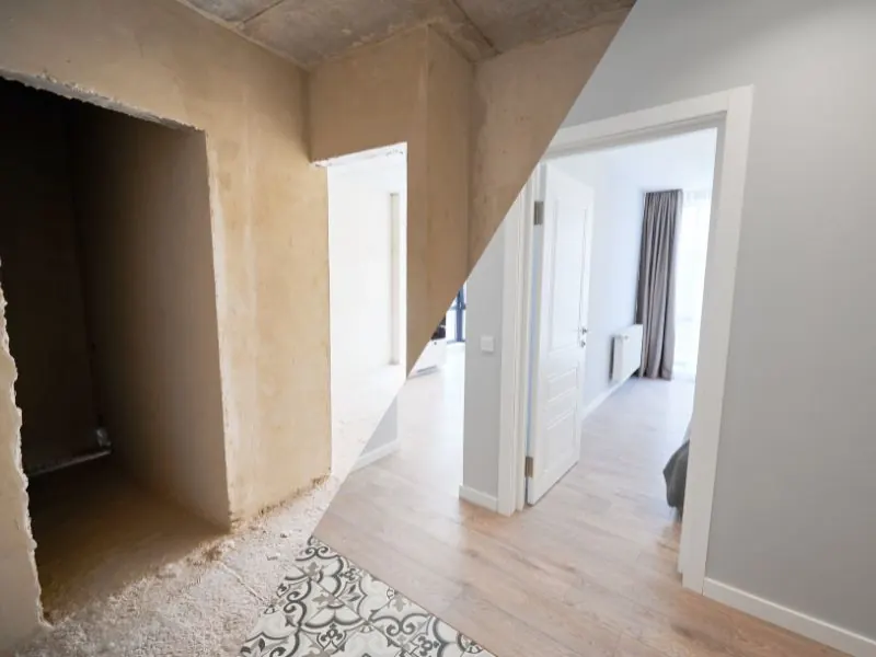 Vorher-Nachher-Bild einer Sanierung: alte Bausubstanz und moderne, renovierte Wohnung.