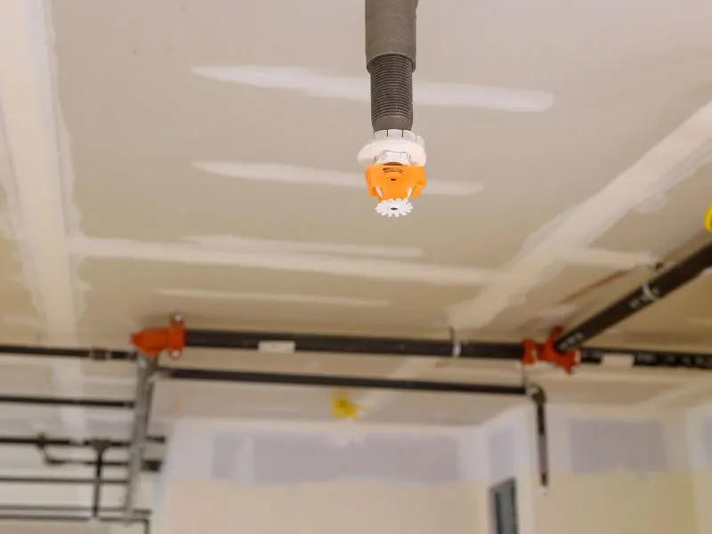 Trennwände in Trockenräumen mit erhöhtem Schutzbedarf, Sprinkleranlage im Vordergrund.